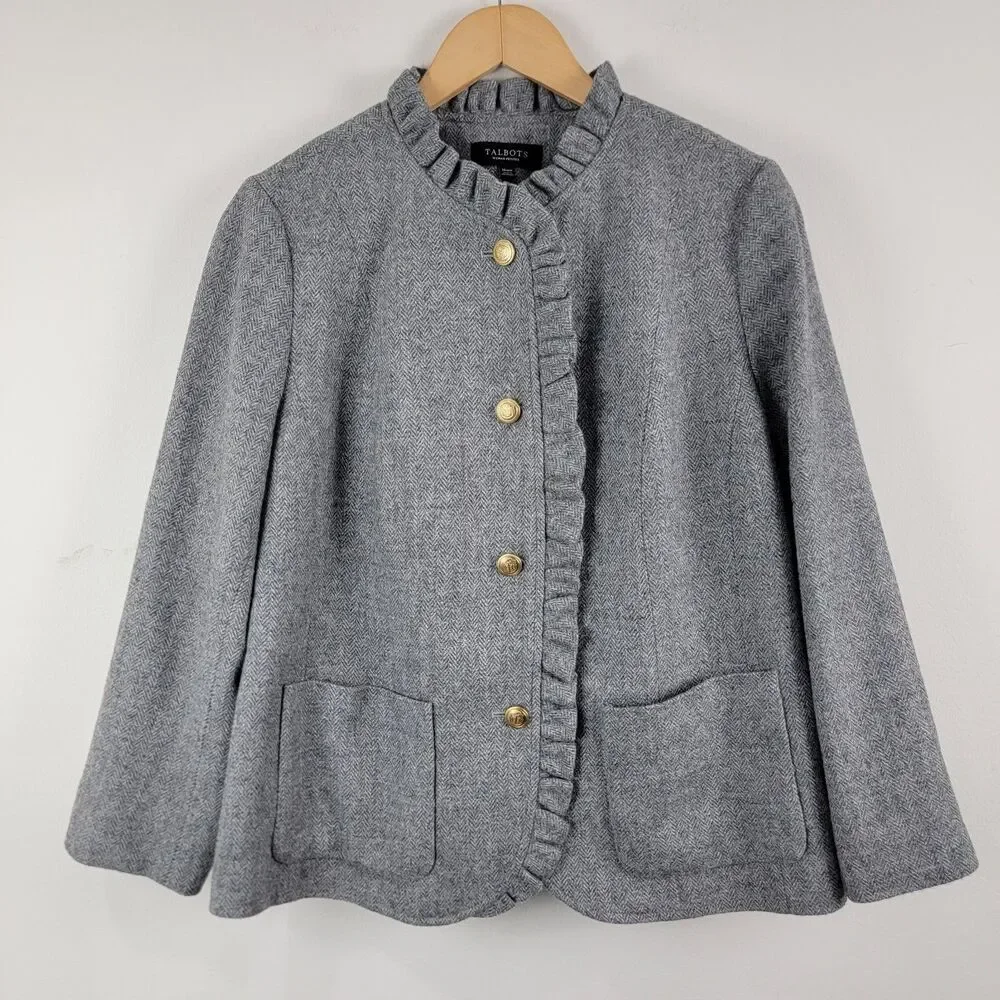 Talbots Grey Wool Blend Ruffle Trim Button Front Blazer Jacket 16 WP Corporate